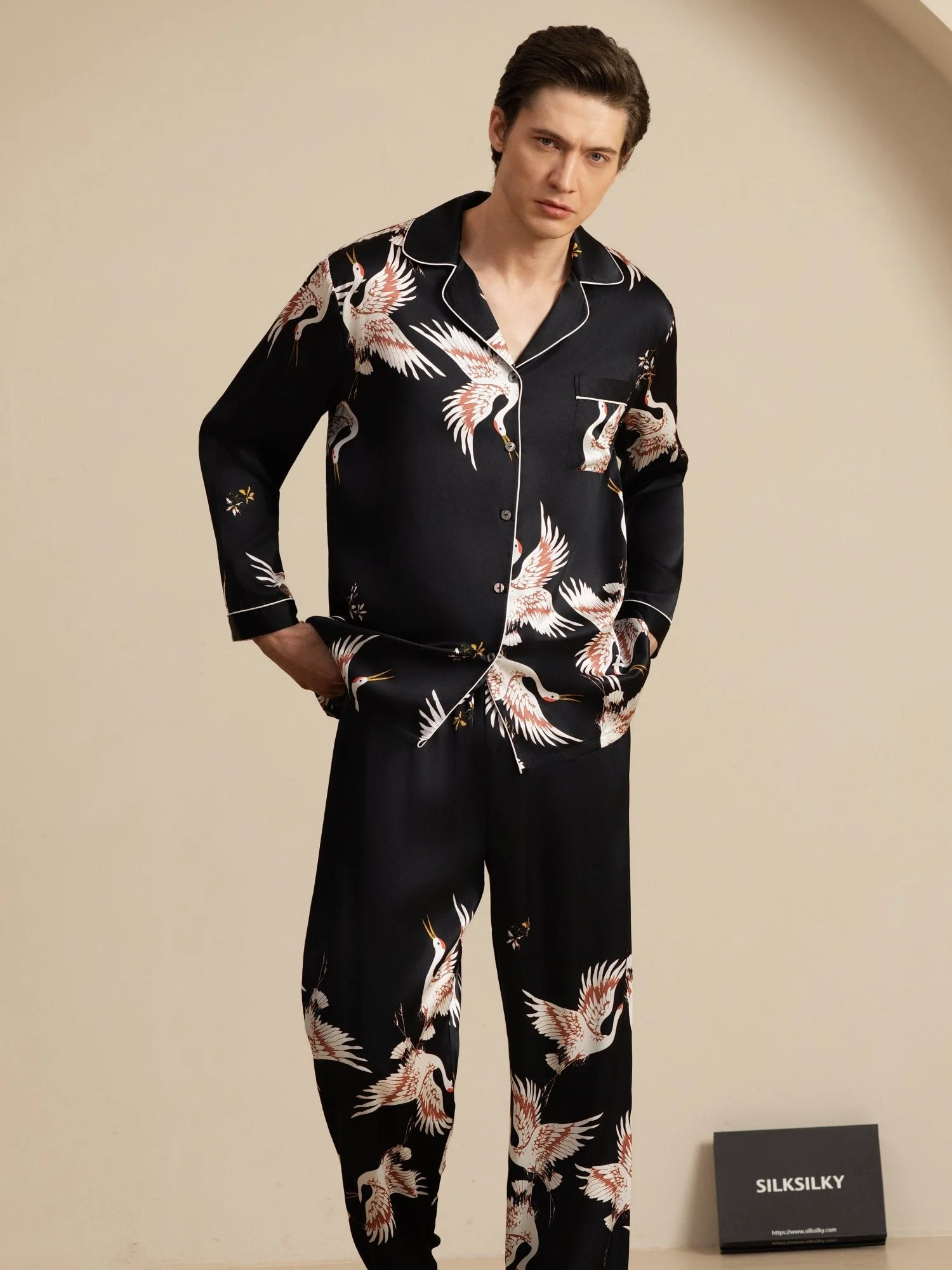 19Momme Pure Zijde Heren Kraanvogelprint Langemouw Notch Kraag Pyjama Set - Image 12