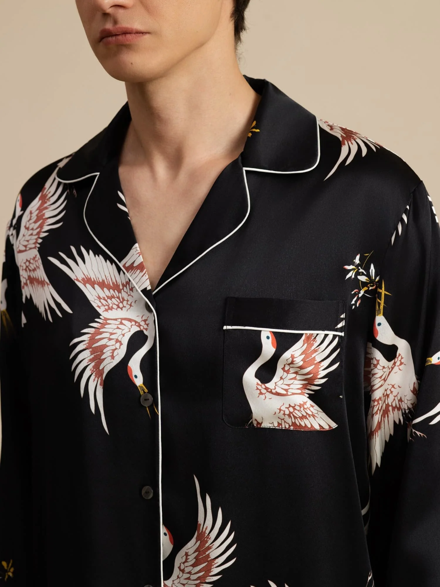 19Momme Pure Zijde Heren Kraanvogelprint Langemouw Notch Kraag Pyjama Set - Image 13