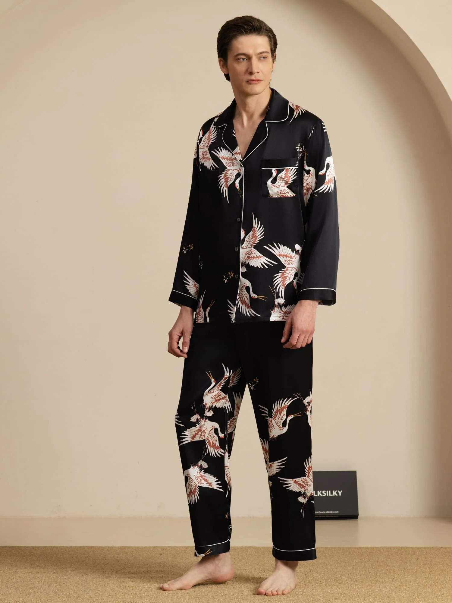 19Momme Pure Zijde Heren Kraanvogelprint Langemouw Notch Kraag Pyjama Set - Image 14