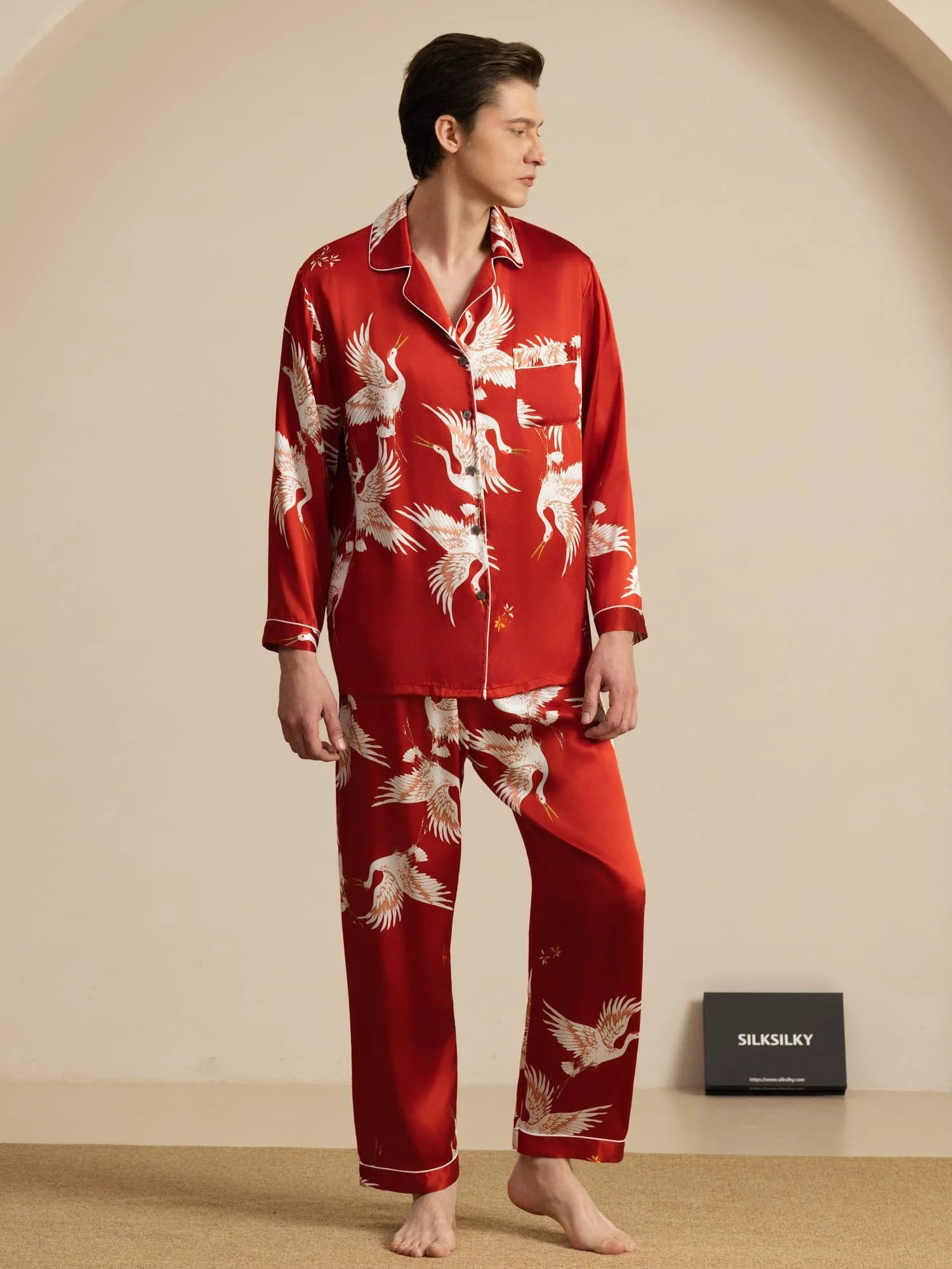 19Momme Pure Zijde Heren Kraanvogelprint Langemouw Notch Kraag Pyjama Set - Image 17
