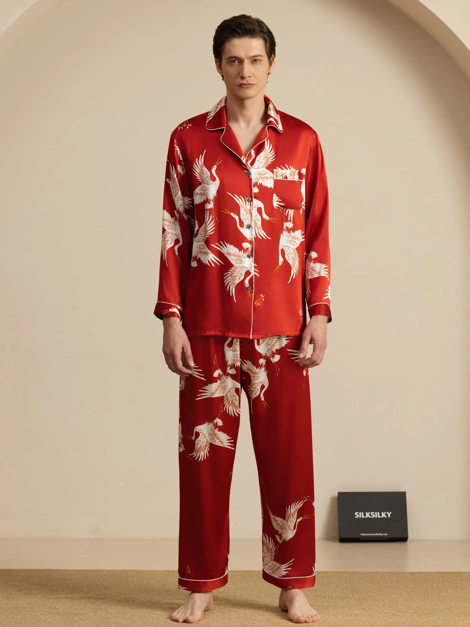 19Momme Pure Zijde Heren Kraanvogelprint Langemouw Notch Kraag Pyjama Set - Image 19