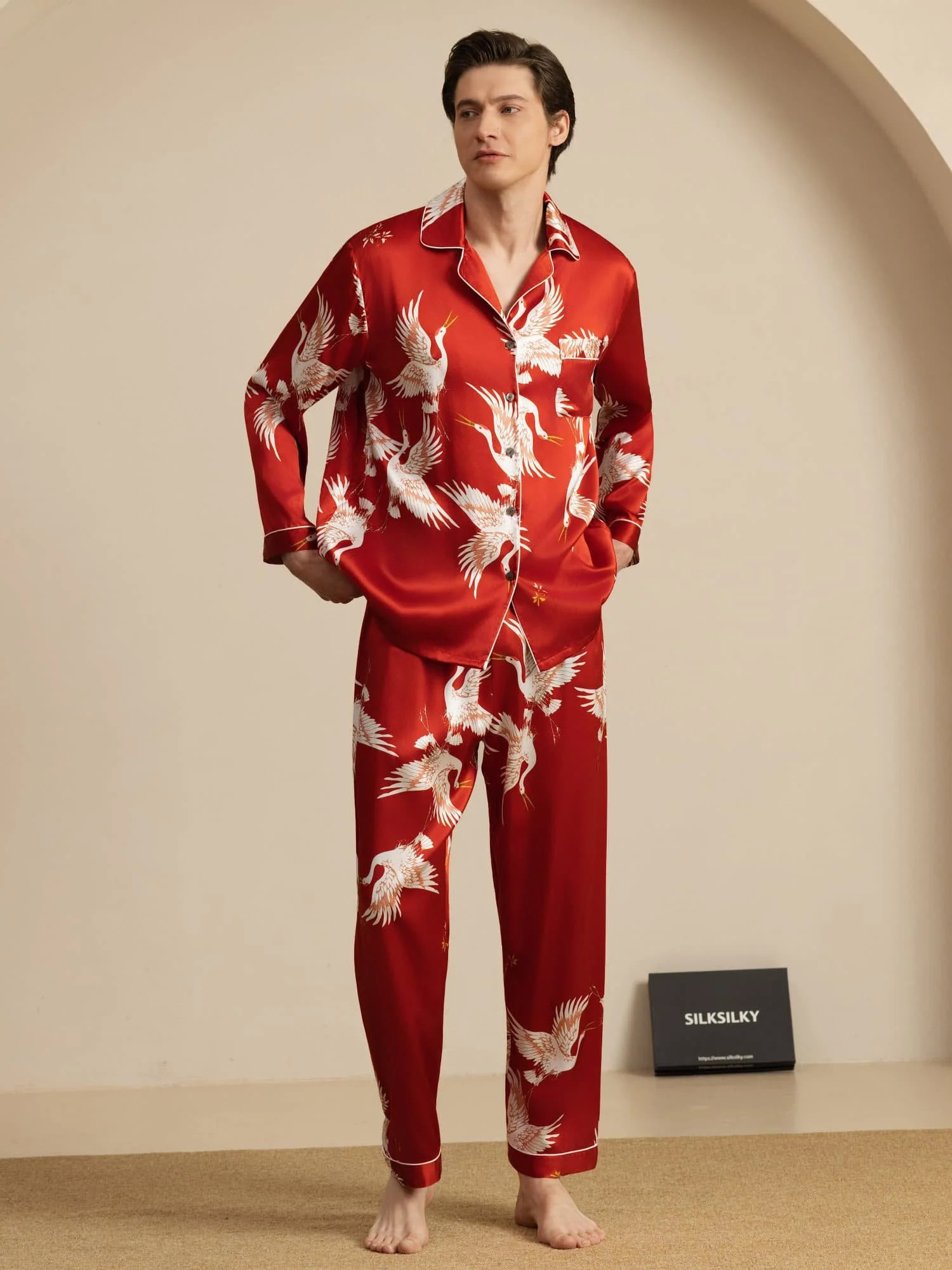 19Momme Pure Zijde Heren Kraanvogelprint Langemouw Notch Kraag Pyjama Set - Image 20