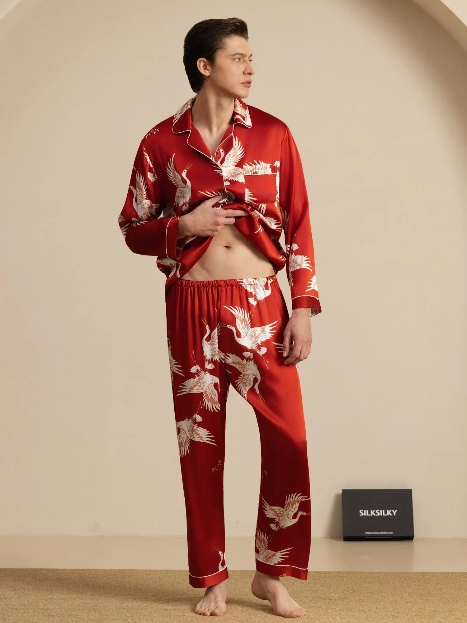 19Momme Pure Zijde Heren Kraanvogelprint Langemouw Notch Kraag Pyjama Set - Image 21