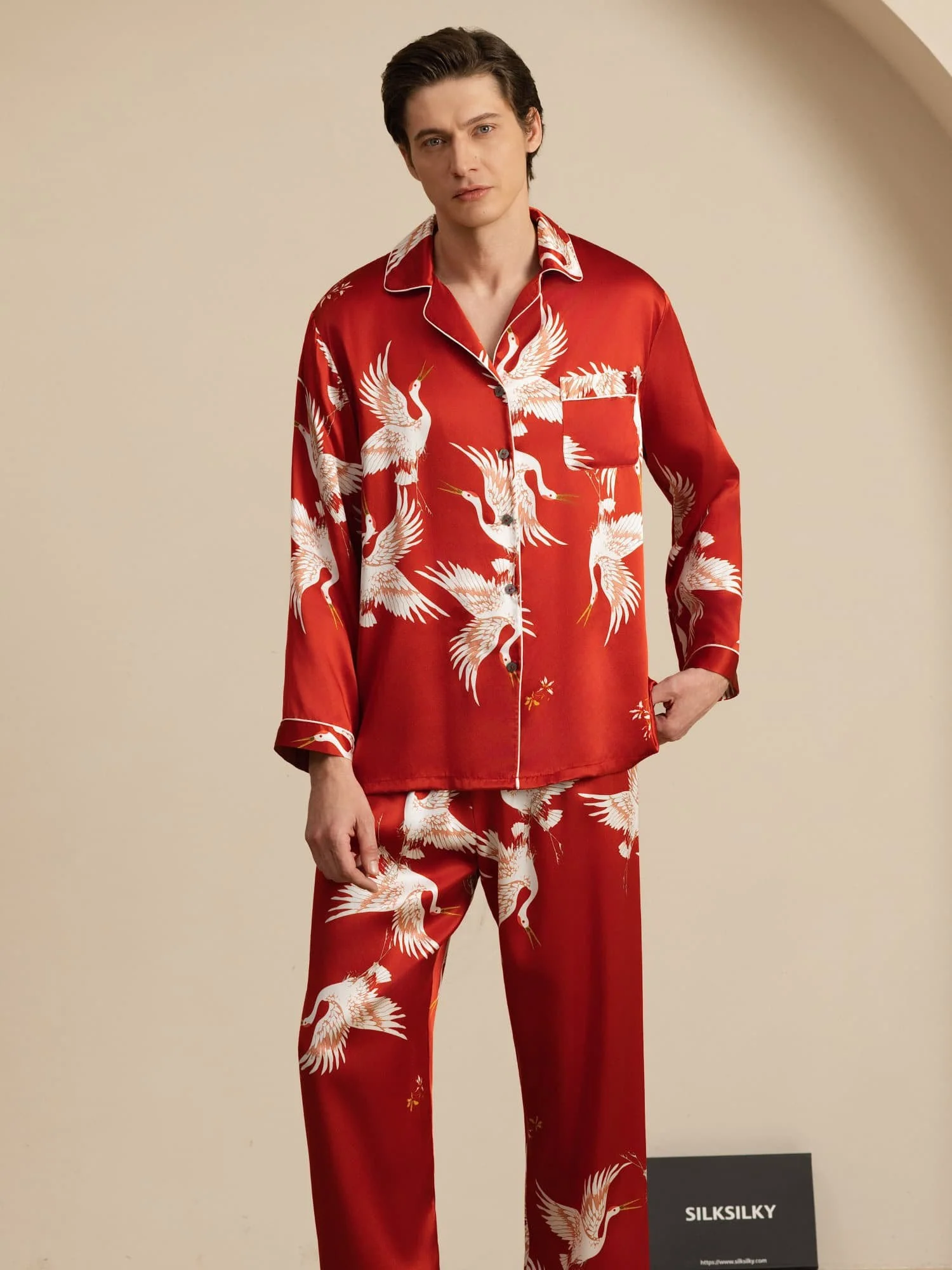 19Momme Pure Zijde Heren Kraanvogelprint Langemouw Notch Kraag Pyjama Set - Image 22