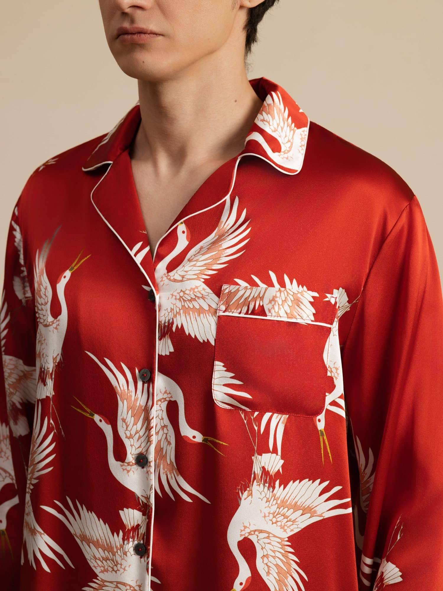19Momme Pure Zijde Heren Kraanvogelprint Langemouw Notch Kraag Pyjama Set - Image 23