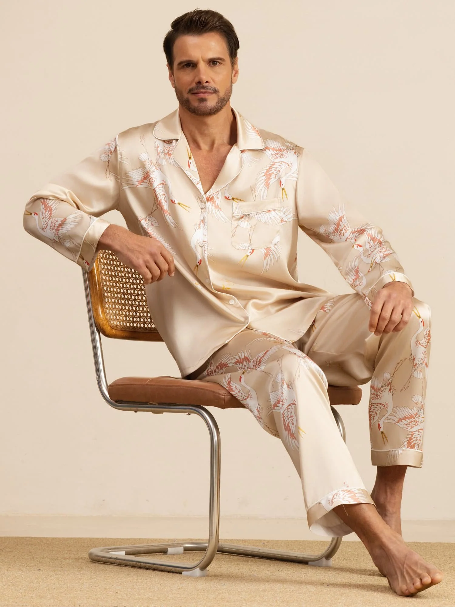 19Momme Pure Zijde Heren Kraanvogelprint Langemouw Notch Kraag Pyjama Set - Image 25