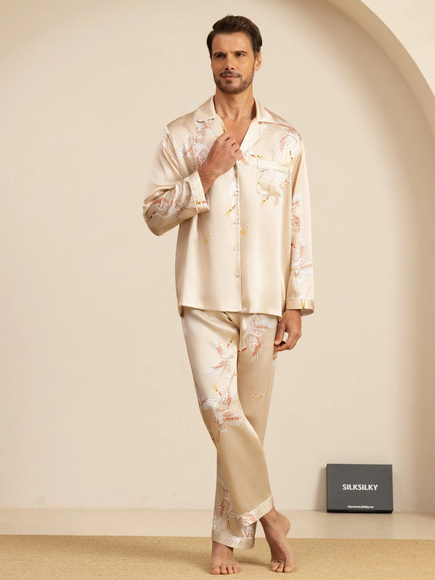 19Momme Pure Zijde Heren Kraanvogelprint Langemouw Notch Kraag Pyjama Set - Image 27