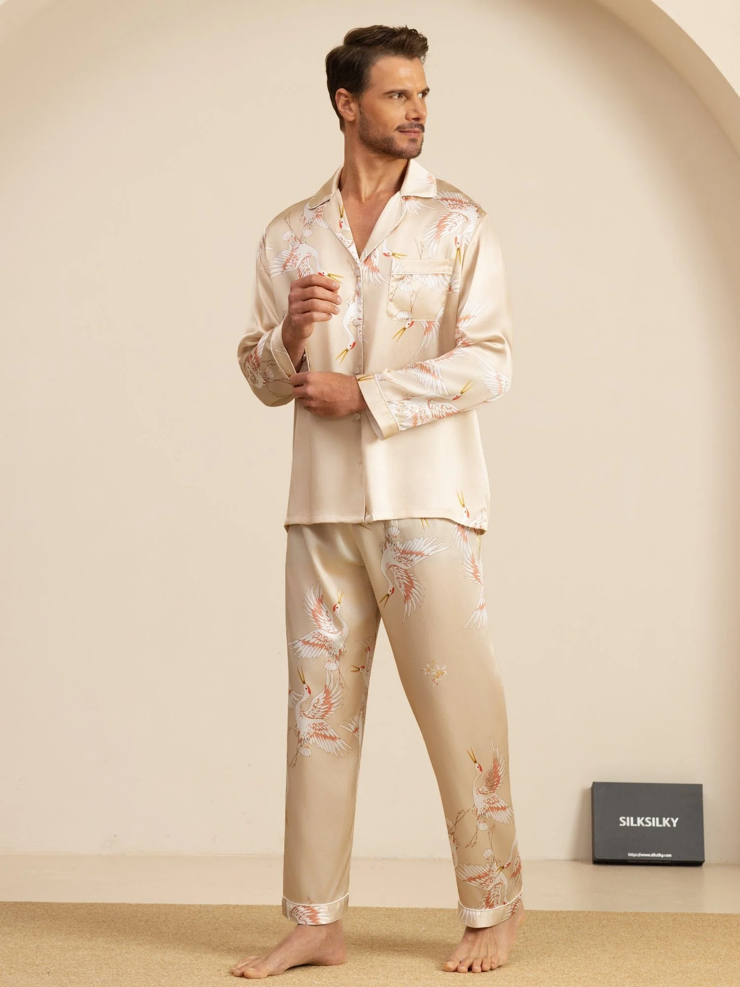 19Momme Pure Zijde Heren Kraanvogelprint Langemouw Notch Kraag Pyjama Set - Image 29