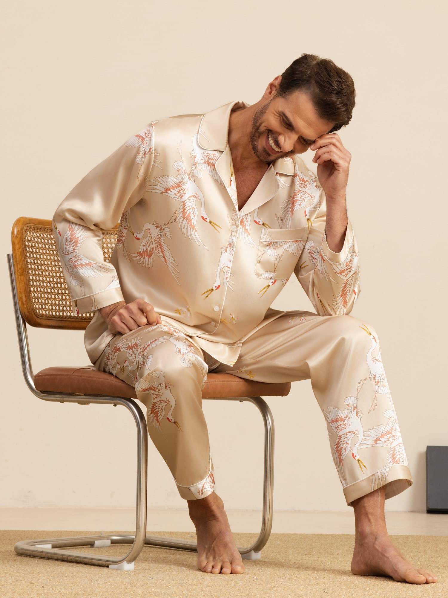 19Momme Pure Zijde Heren Kraanvogelprint Langemouw Notch Kraag Pyjama Set - Image 32