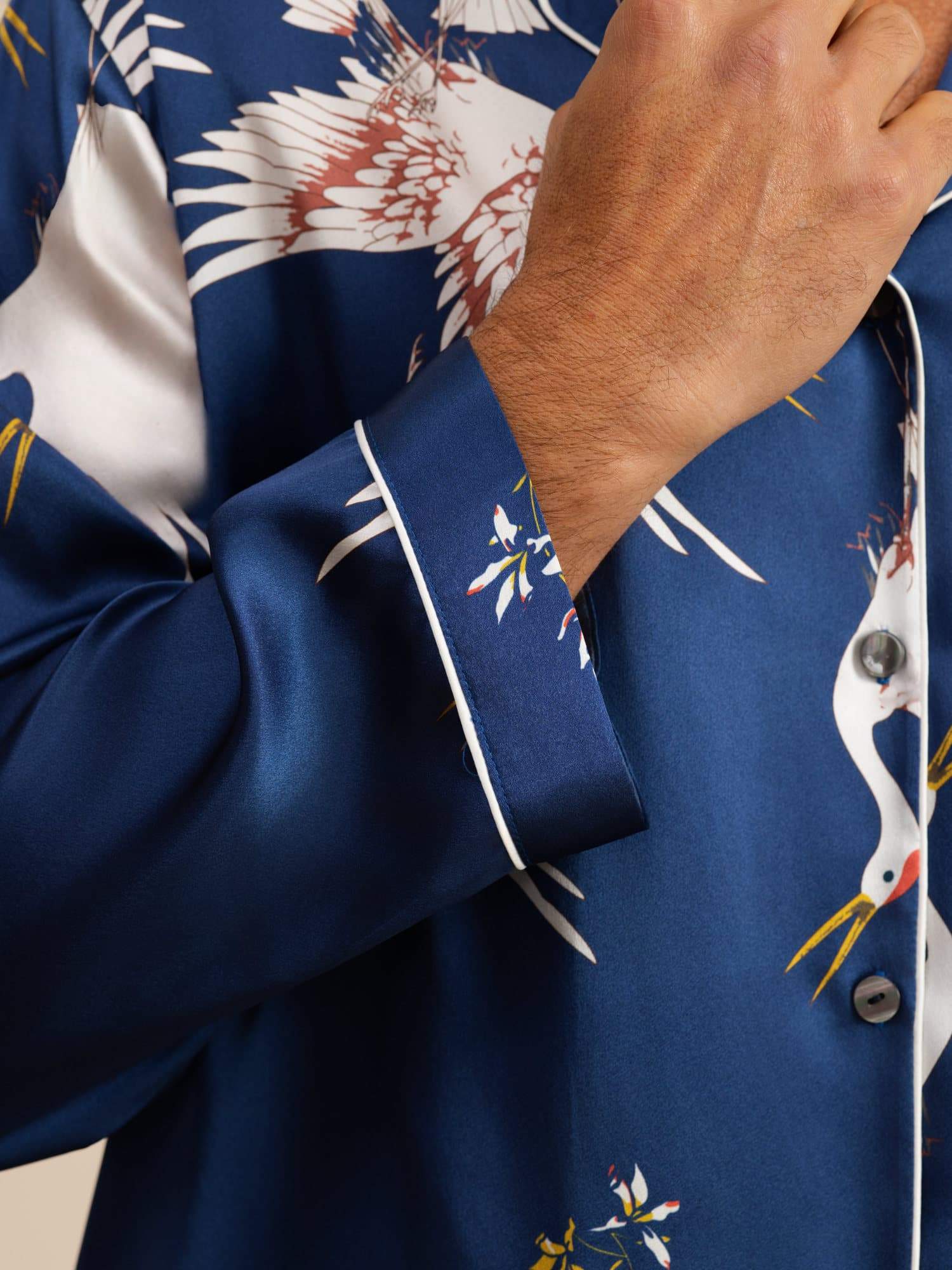 19Momme Pure Zijde Heren Kraanvogelprint Langemouw Notch Kraag Pyjama Set - Image 6