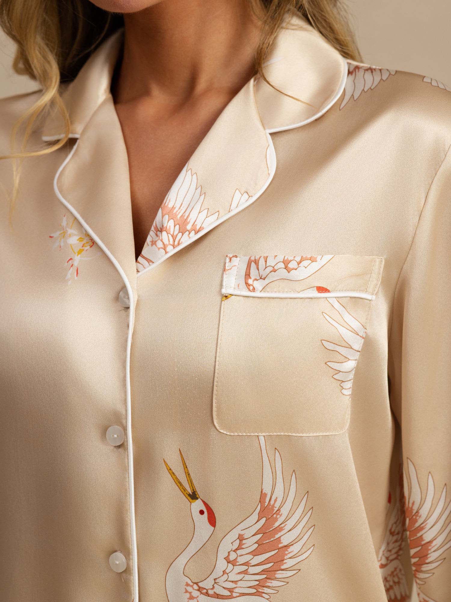 19Momme Dames Pyjama Set Van Pure Zijde Met Kraanvogelprint En Lange Mouwen - Image 43