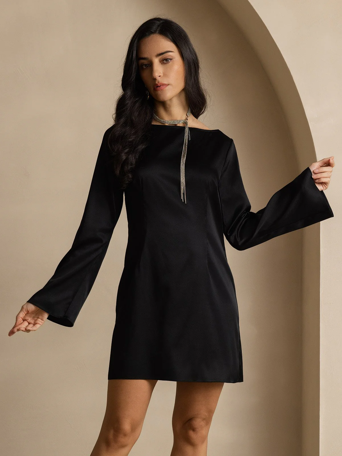 19Momme Zijde Elegante Lange Mouw Jurk - Image 19