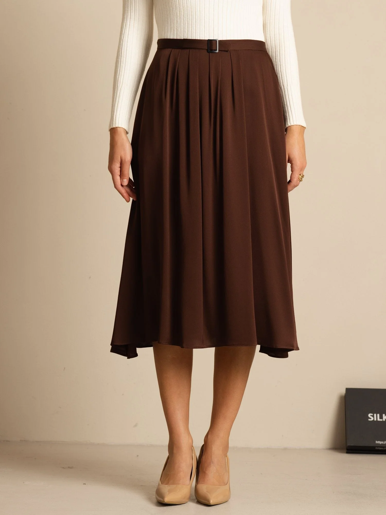 19Momme Zijden High Waist A-Lijn Geplooide Midi Rok met Zakken - Image 14