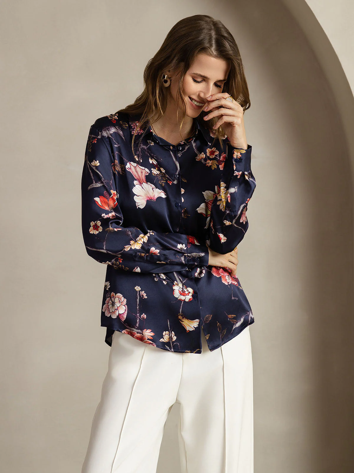 19Momme Zijde Marine Bloemenprint Lange Mouwen Reverskraag Dames Blouse - Image 5