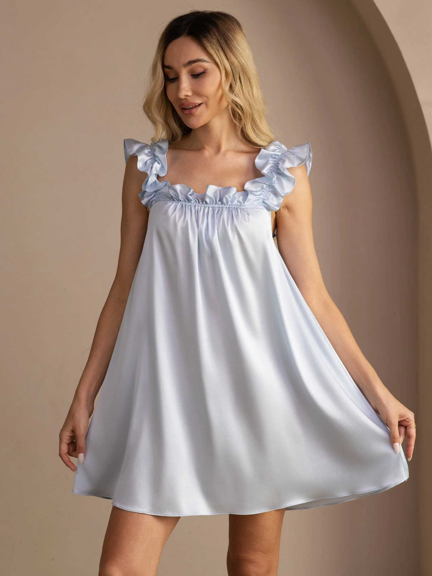 19Momme Zijde Ruches Bandjes Vierkante Hals Babydoll A-Lijn Korte Nachthemd - Image 11
