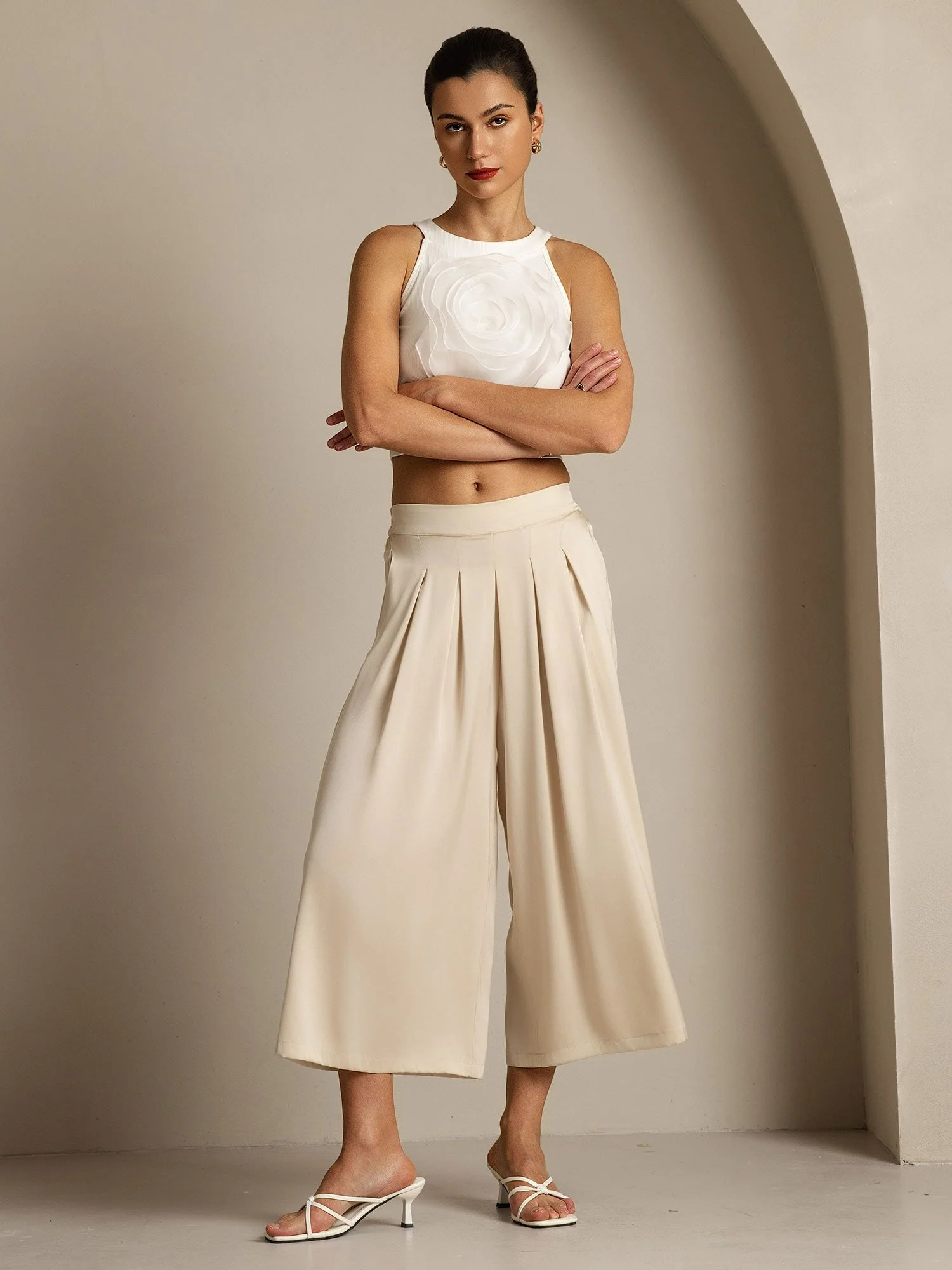 Dames 19Momme Zijde Hoge Taille Geplooide Wijde Capri Broek - Image 15
