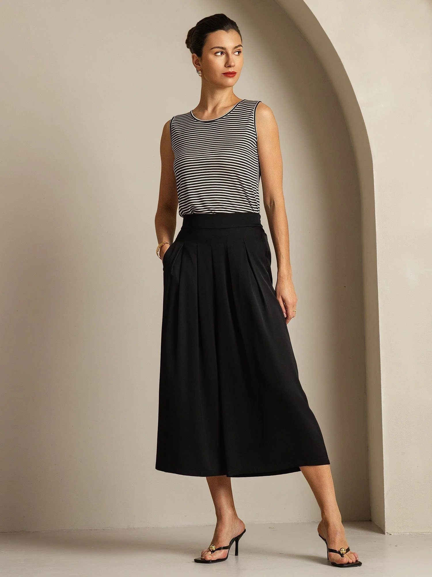 Dames 19Momme Zijde Hoge Taille Geplooide Wijde Capri Broek - Image 3