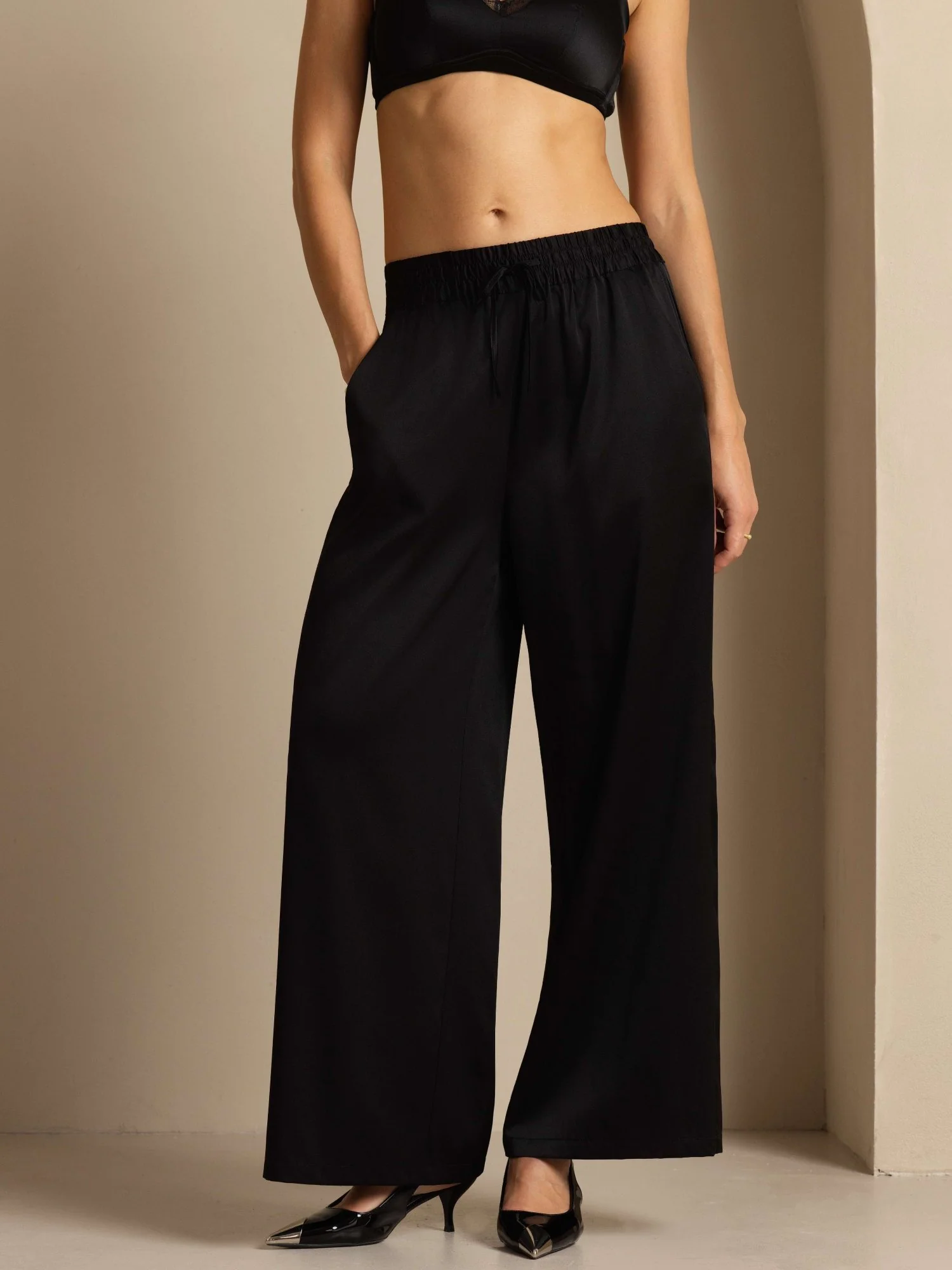 19Momme Zijde Dames High-Waist Wijde Pijp Broek met Gesmokte Trekkoord Taille - Image 10