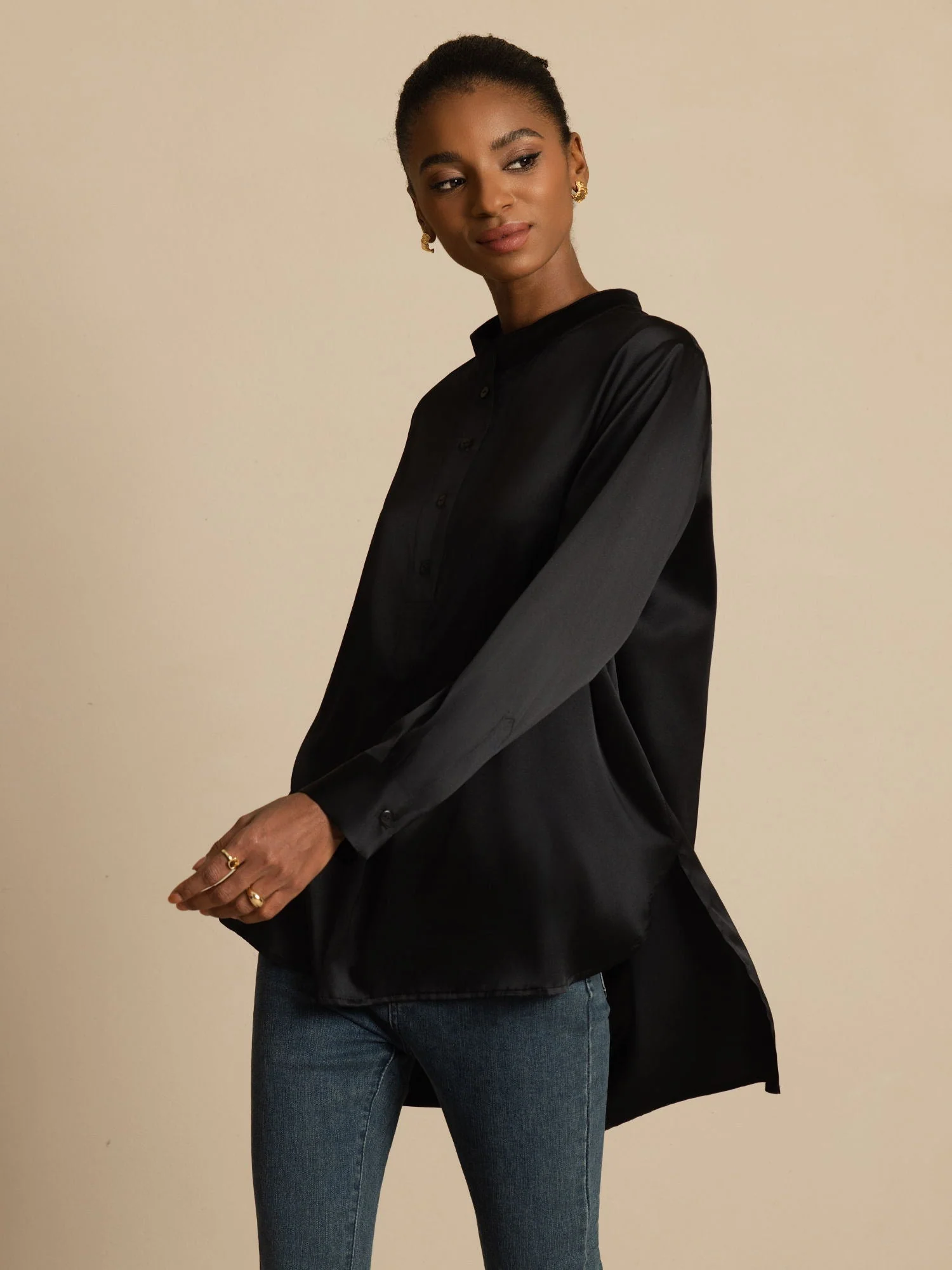 19Momme zijden dames Stand Collar High-Low blouse met knoopdetails - Image 19