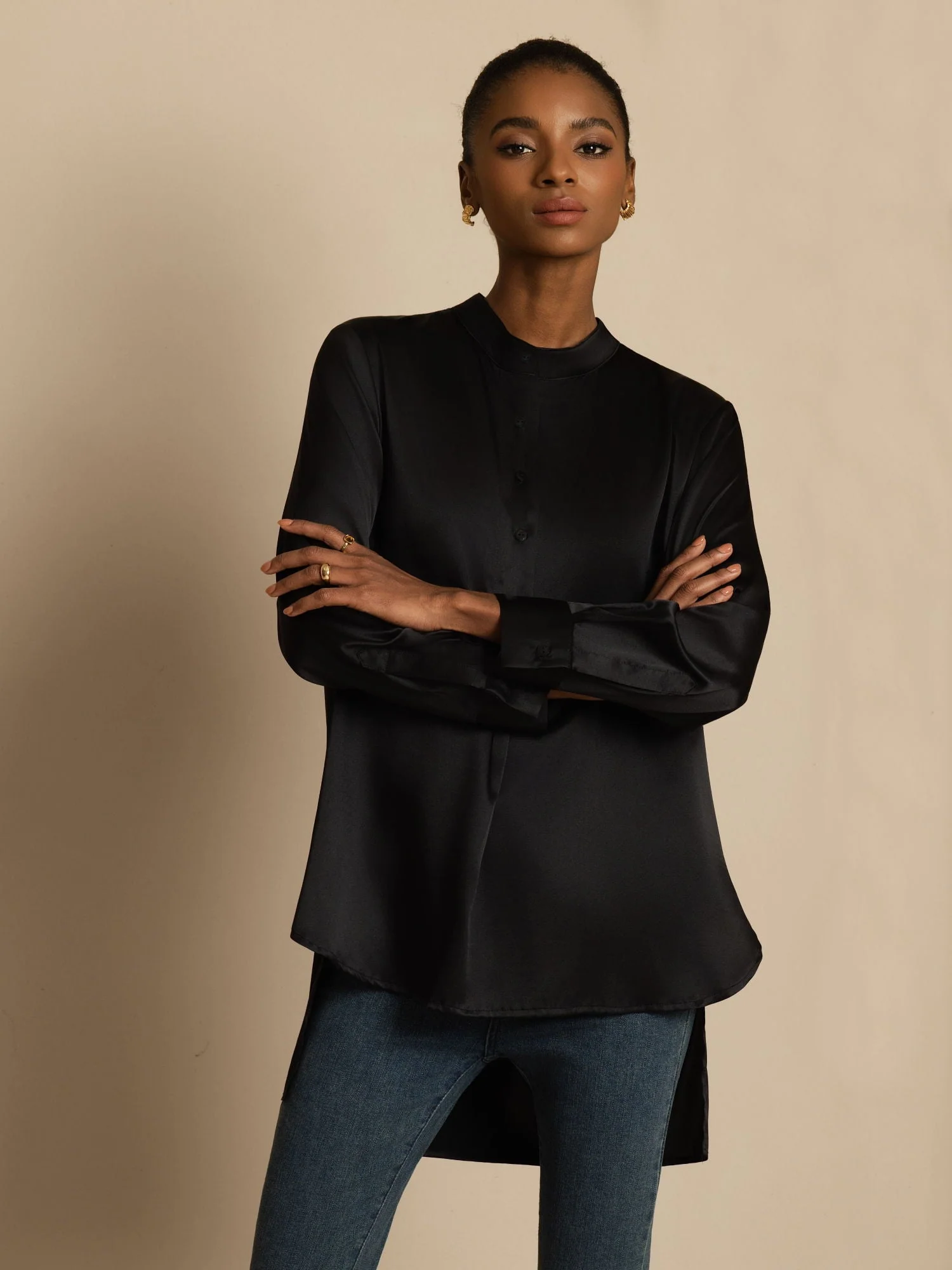 19Momme zijden dames Stand Collar High-Low blouse met knoopdetails - Image 20