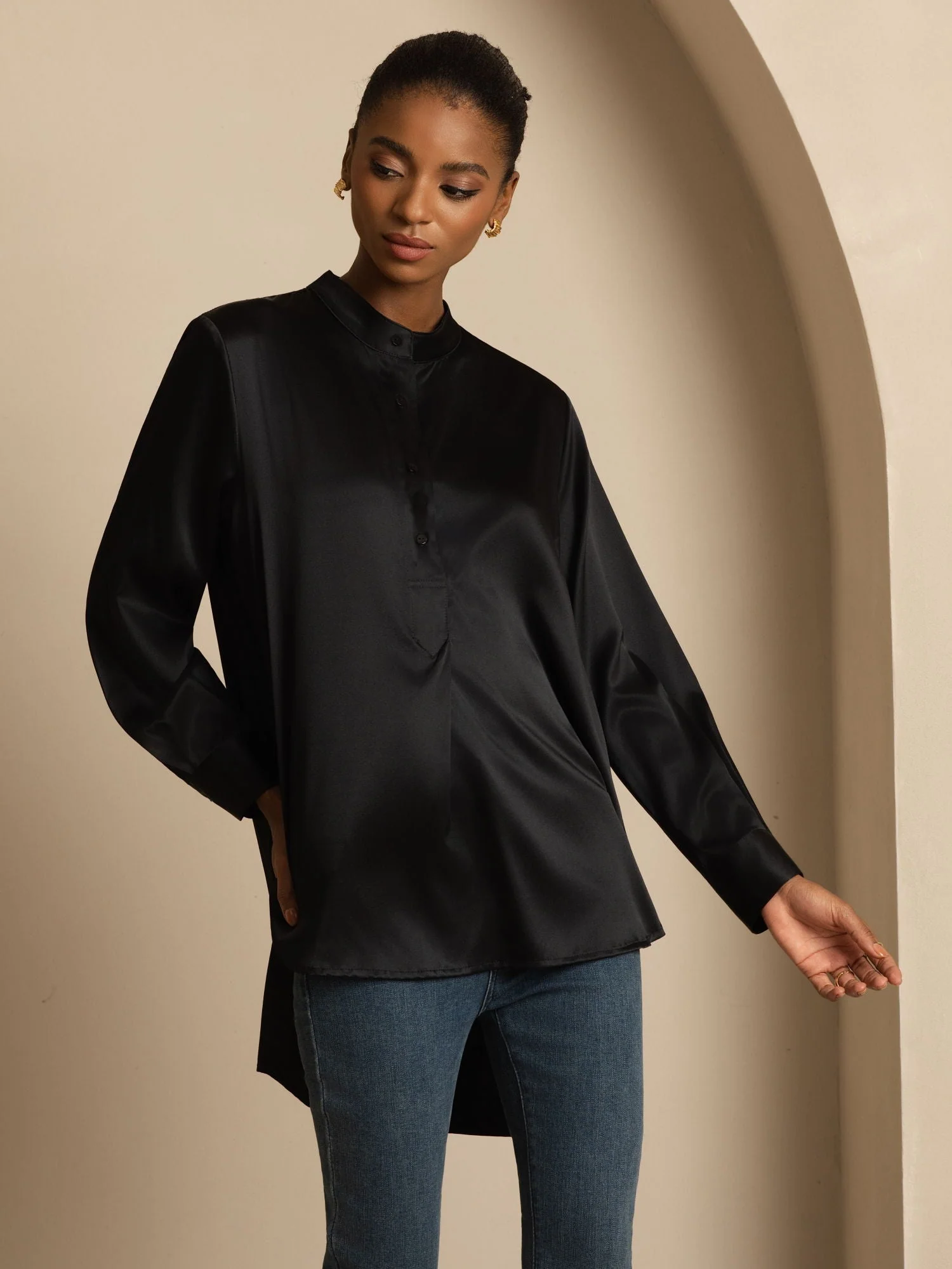 19Momme zijden dames Stand Collar High-Low blouse met knoopdetails - Image 21