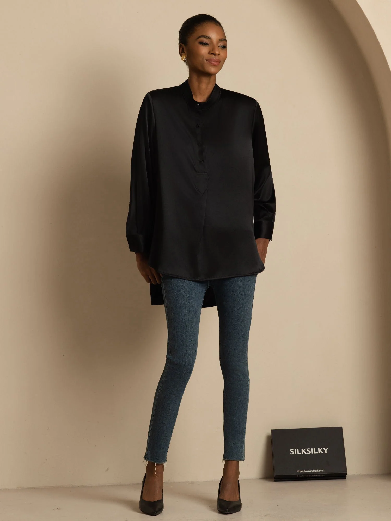 19Momme zijden dames Stand Collar High-Low blouse met knoopdetails - Image 22