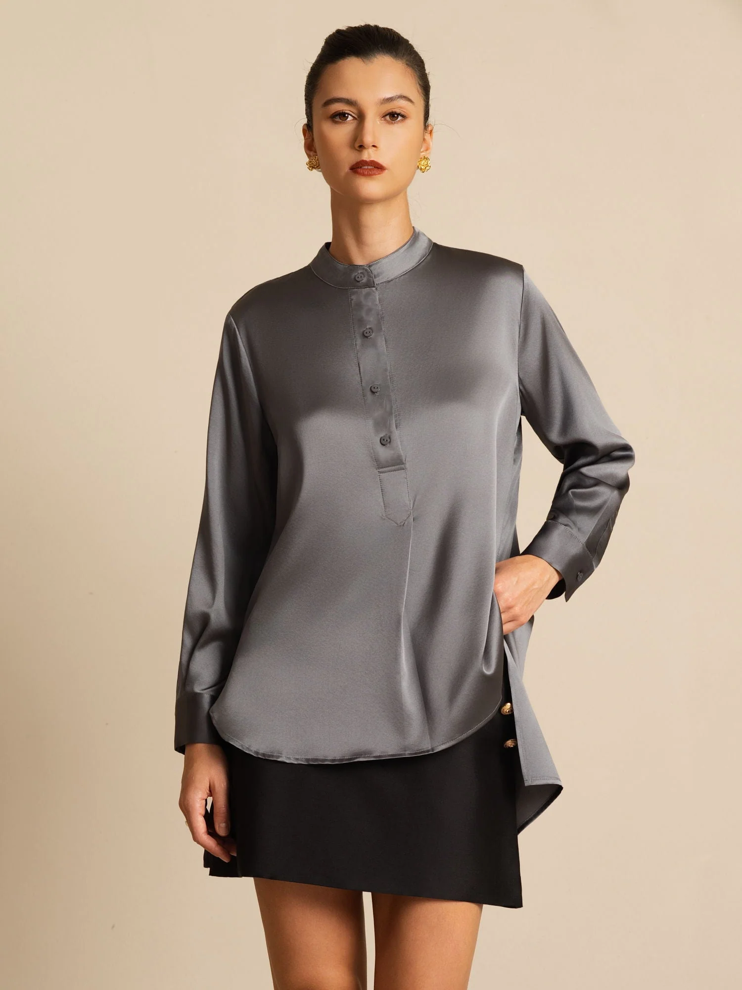 19Momme zijden dames Stand Collar High-Low blouse met knoopdetails - Image 23