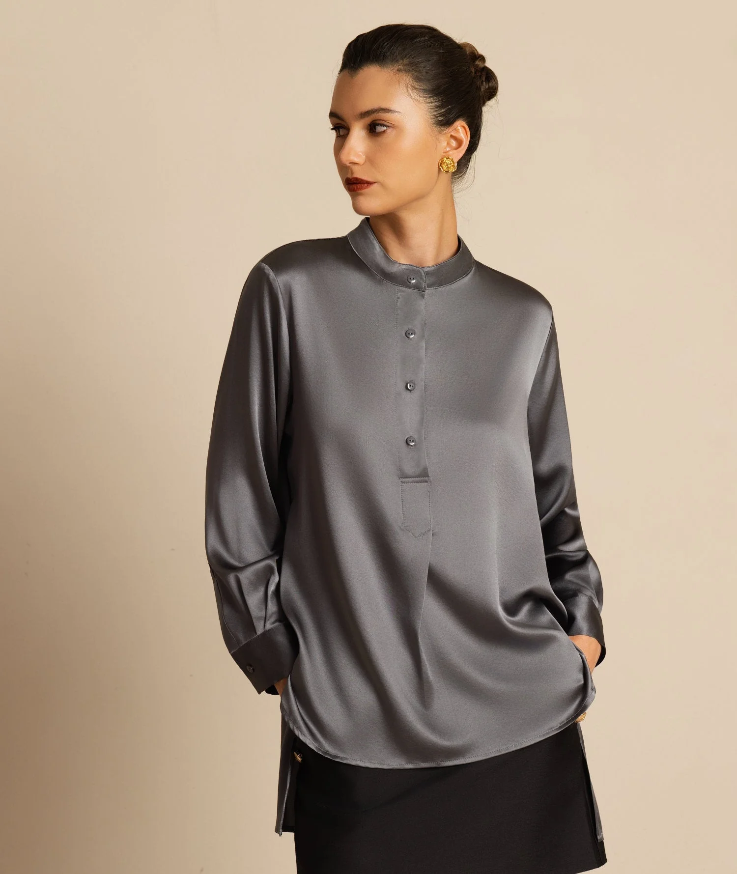19Momme zijden dames Stand Collar High-Low blouse met knoopdetails - Image 25