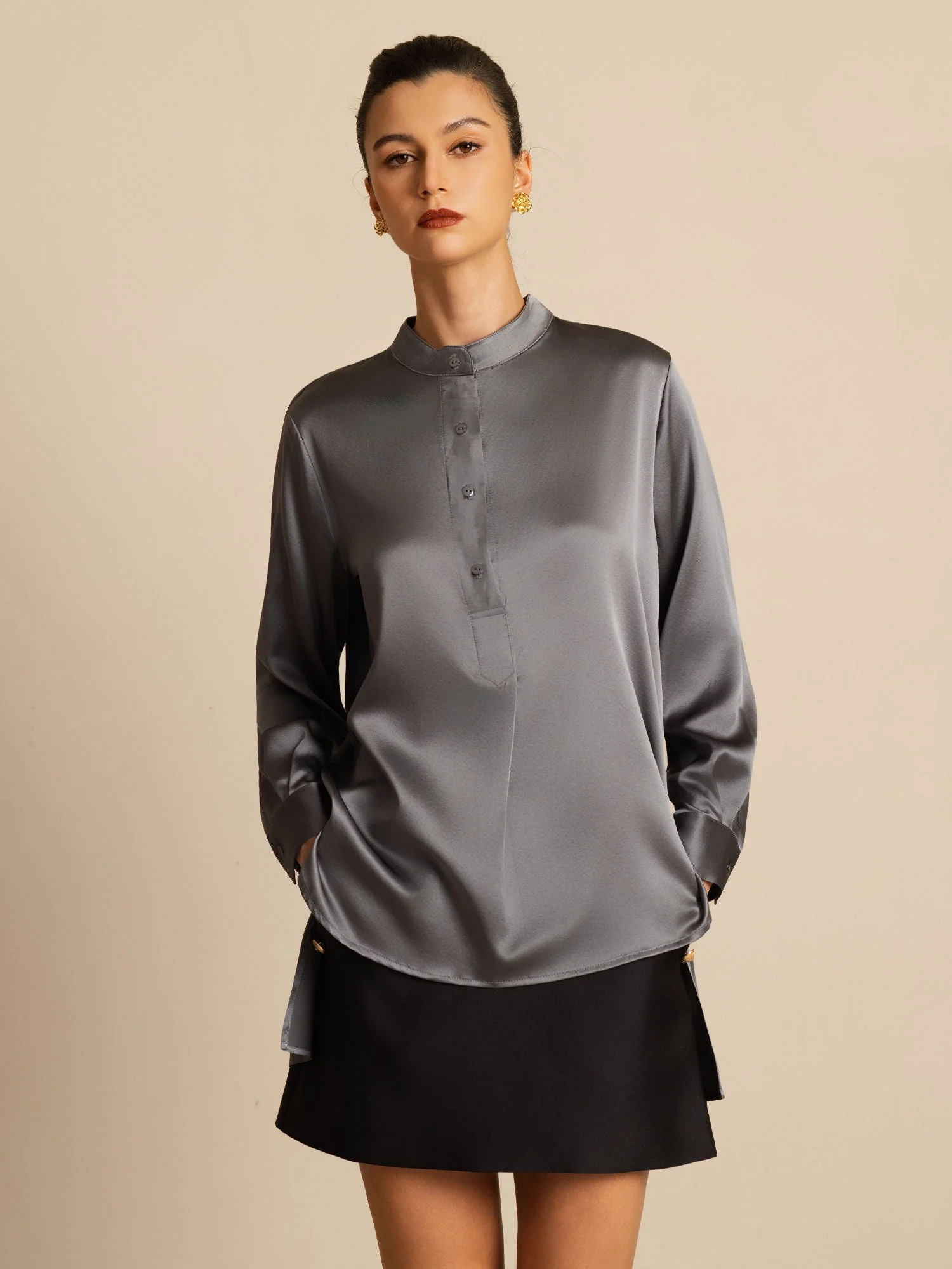 19Momme zijden dames Stand Collar High-Low blouse met knoopdetails - Image 26