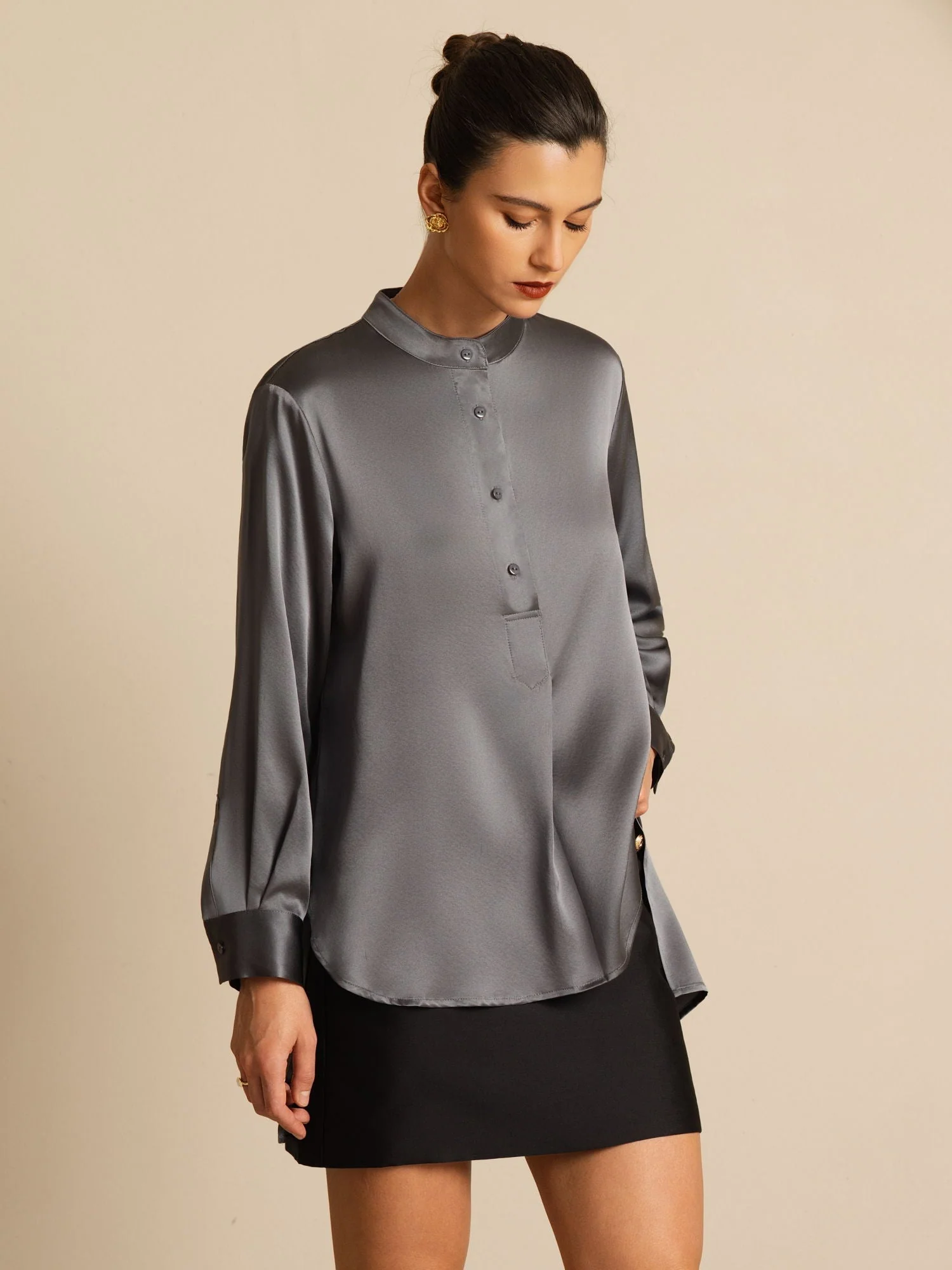 19Momme zijden dames Stand Collar High-Low blouse met knoopdetails - Image 27