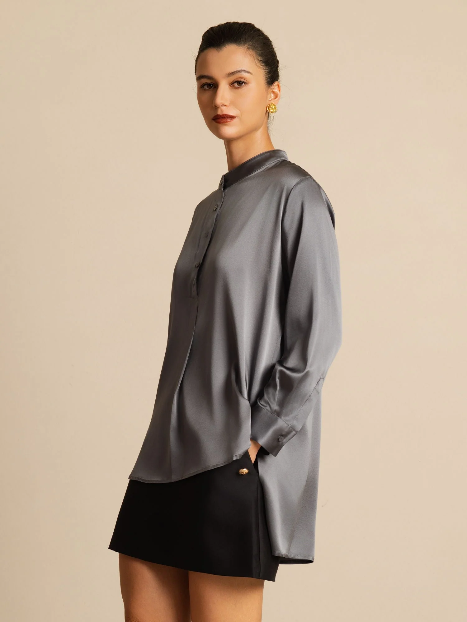 19Momme zijden dames Stand Collar High-Low blouse met knoopdetails - Image 28