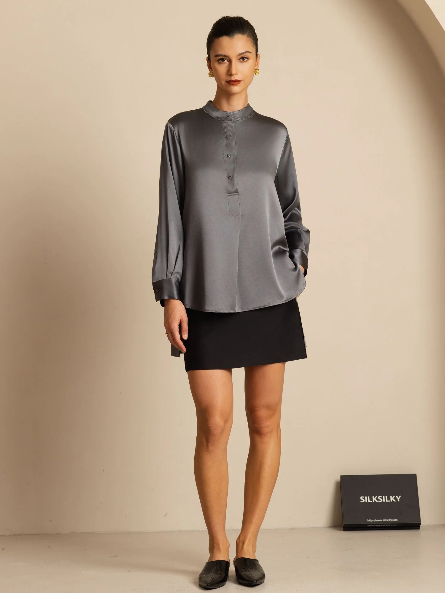 19Momme zijden dames Stand Collar High-Low blouse met knoopdetails - Image 31