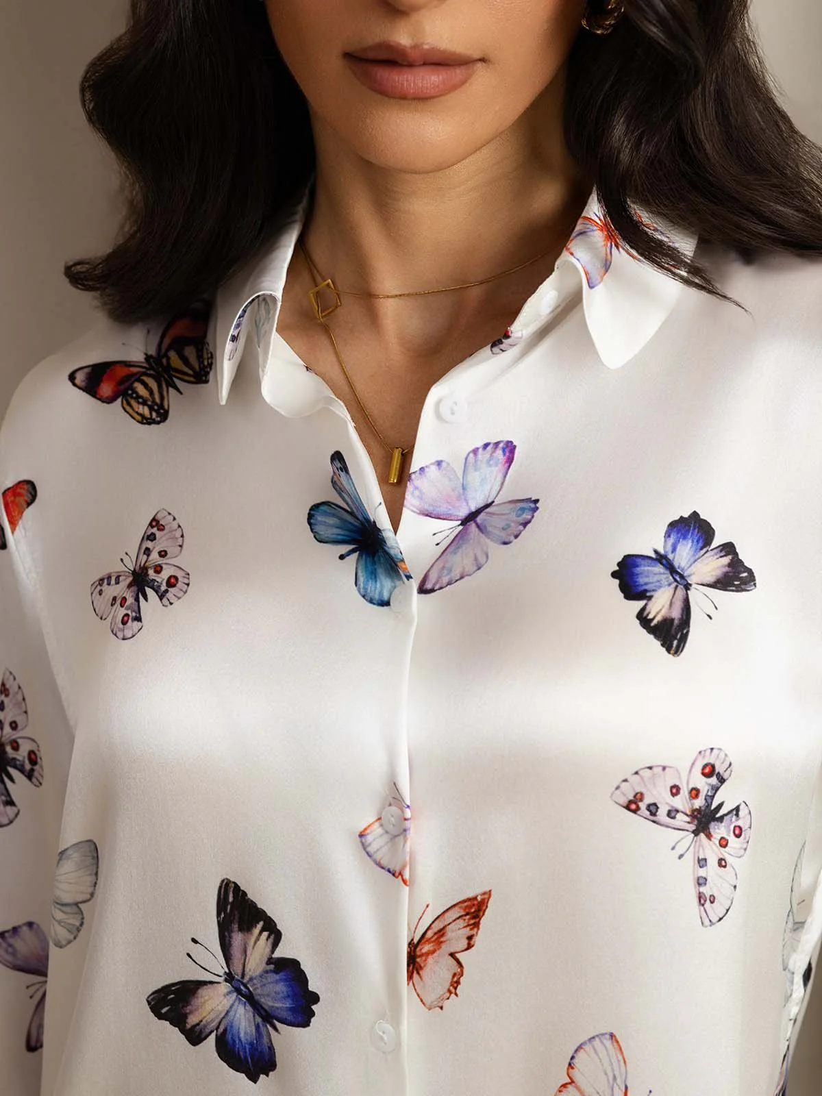 19Momme Dames Zijde Witte Vlinderprint Knopen Overhemd En Wijde Broek Set - Image 5