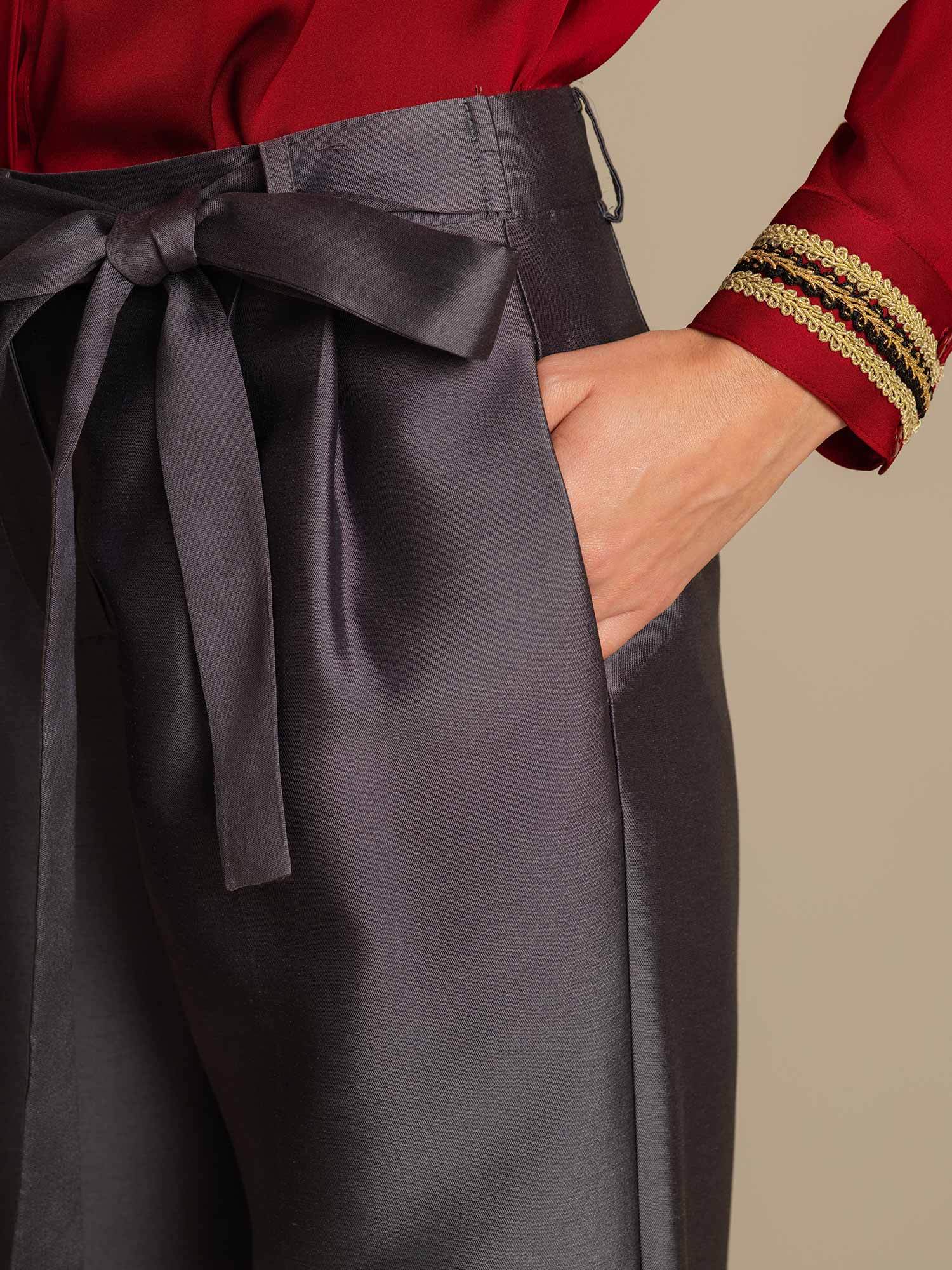 32Momme Zijde-Wol Mix Hoge Taille Tapered Cropped Damesbroek met Touw Taille Design - Image 4