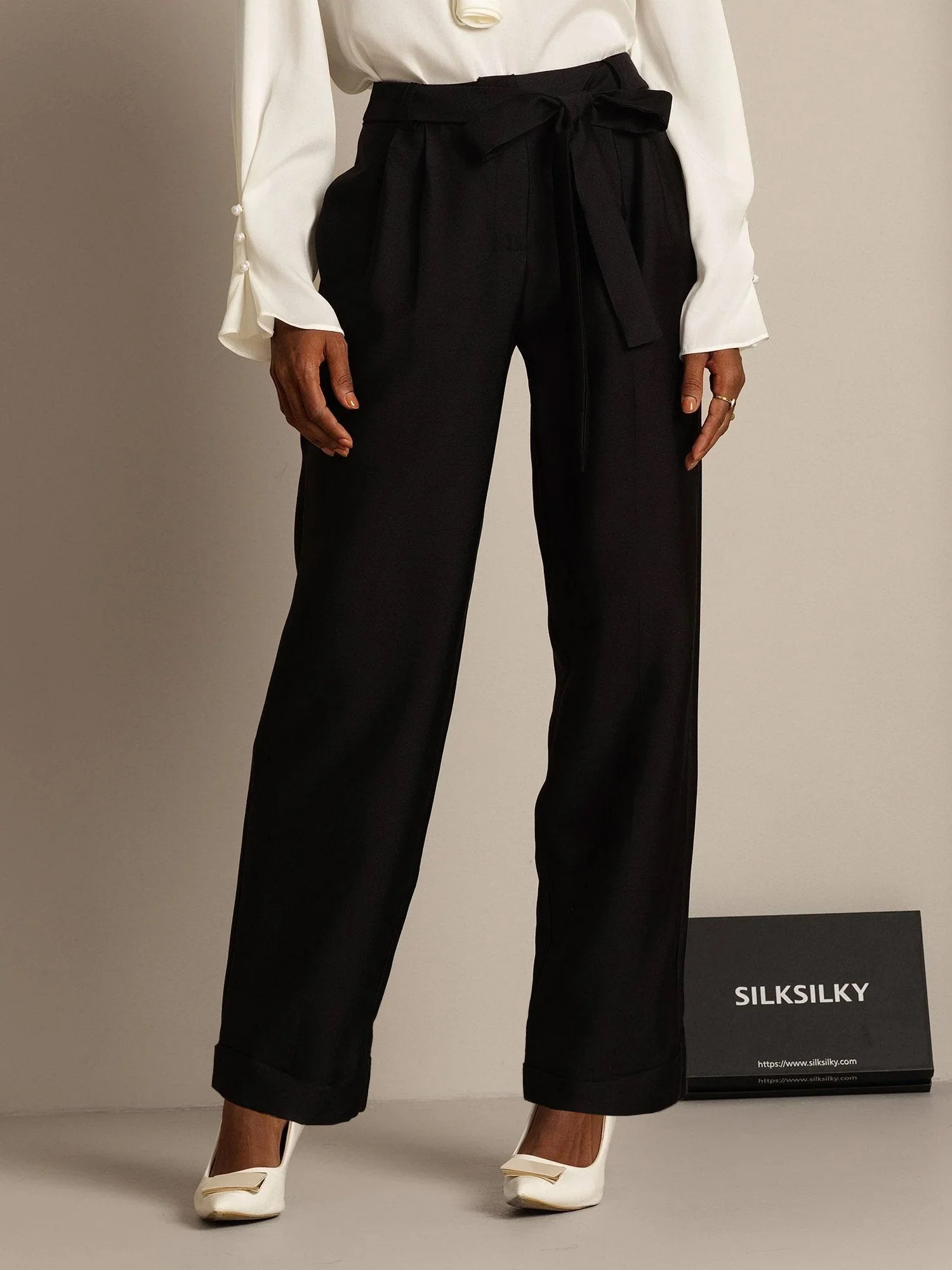 32Momme Zijde-Wol Mix Hoge Taille Tapered Cropped Damesbroek met Touw Taille Design - Image 9