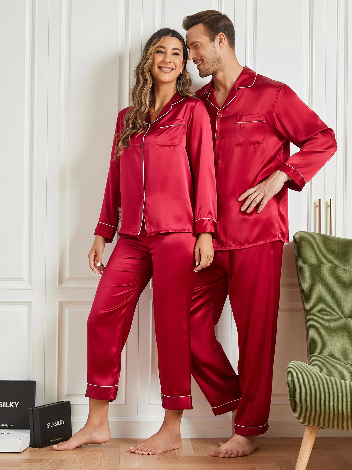 Zijden Pyjama met Lange Mouwen Voor Paar (totaal 4 stks) - Image 3