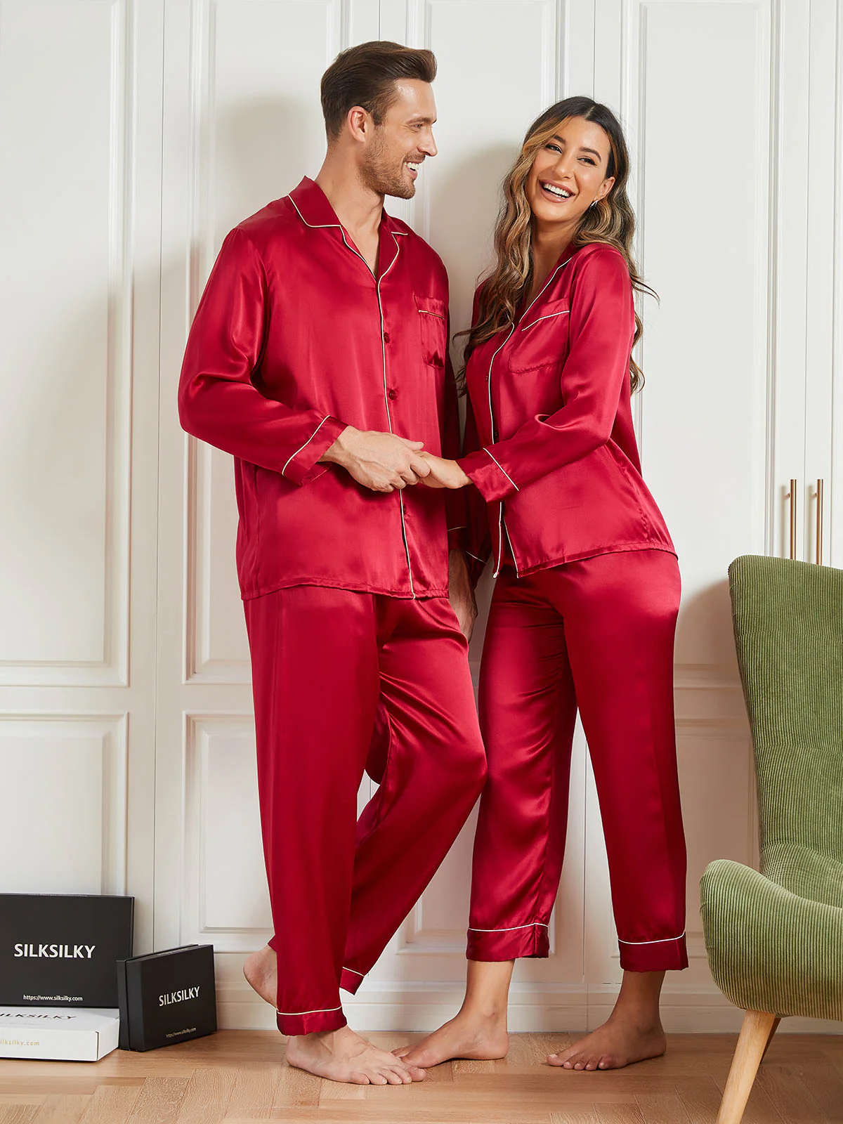Zijden Pyjama met Lange Mouwen Voor Paar (totaal 4 stks) - Image 4