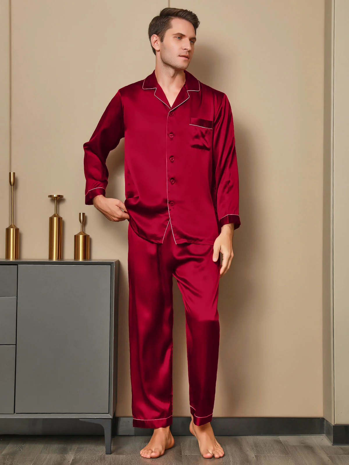 Herenpyjama Set Van Pure Zijde Met Lange Mouwen Reverskraag En Knopsluiting - Image 21