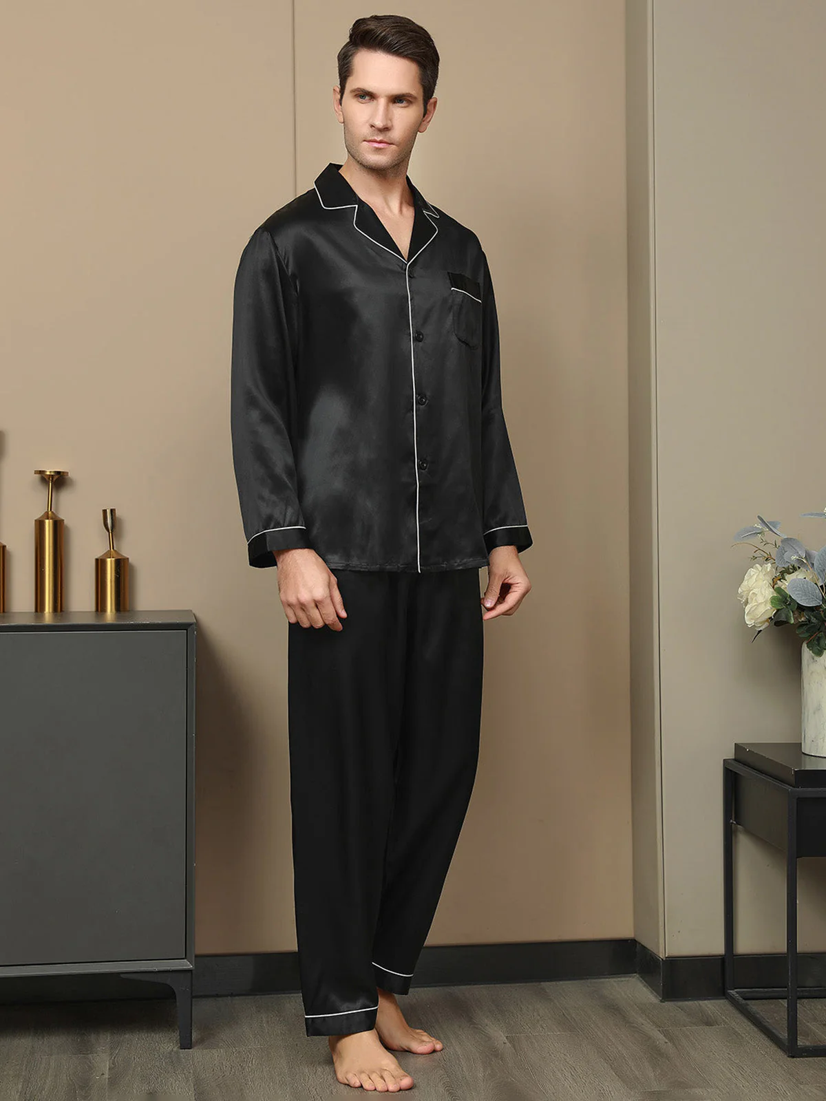 Herenpyjama Set Van Pure Zijde Met Lange Mouwen Reverskraag En Knopsluiting - Image 3