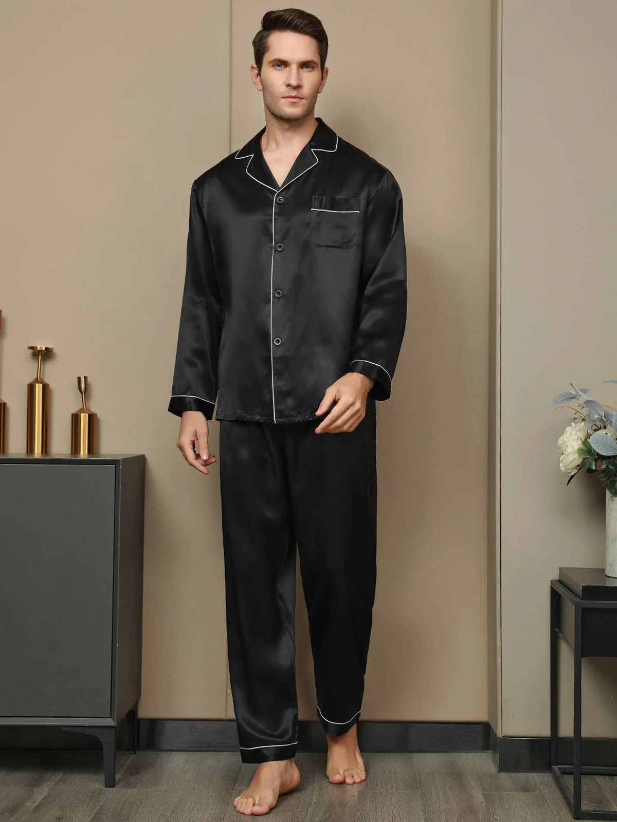 Herenpyjama Set Van Pure Zijde Met Lange Mouwen Reverskraag En Knopsluiting - Image 6