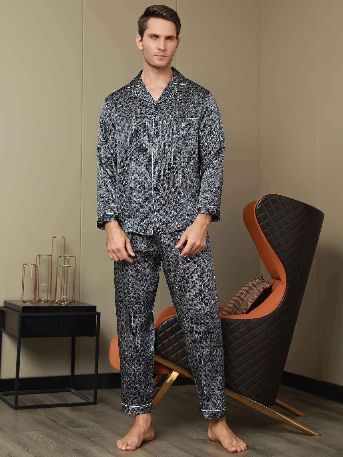 Heren Pyjamaset Van Pure Zijde Met Marineblauwe Ginkgo Print En Lange Mouwen Inclusief Broek - Image 8