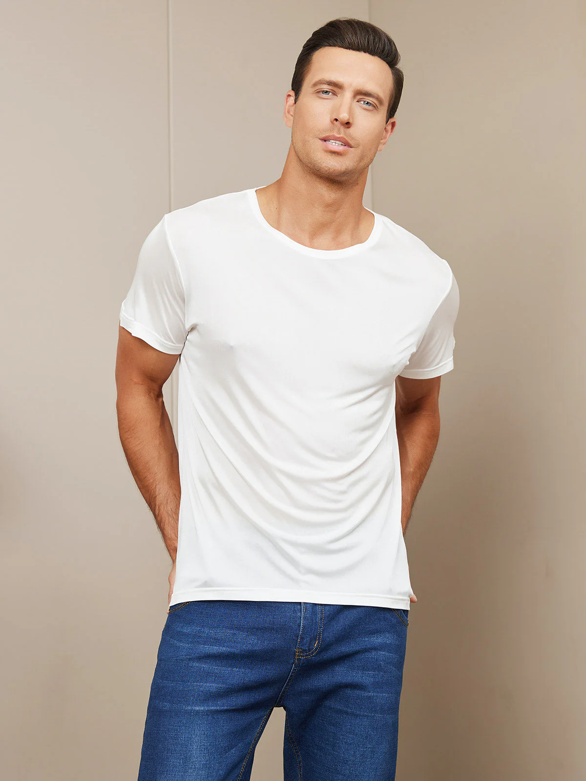 Heren Crew Neck Zuivere Zijde T-Shirt - Image 10
