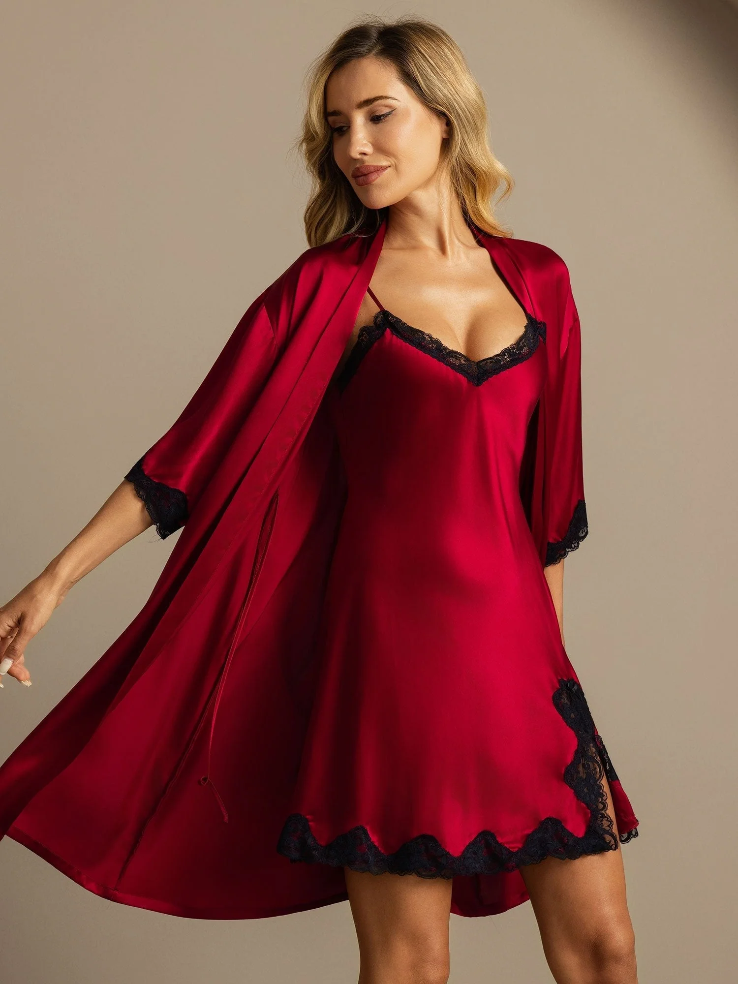 Pure Zijde Basis Kantafwerking Split Nachthemd & Robe Set 2 Stuks - Image 4