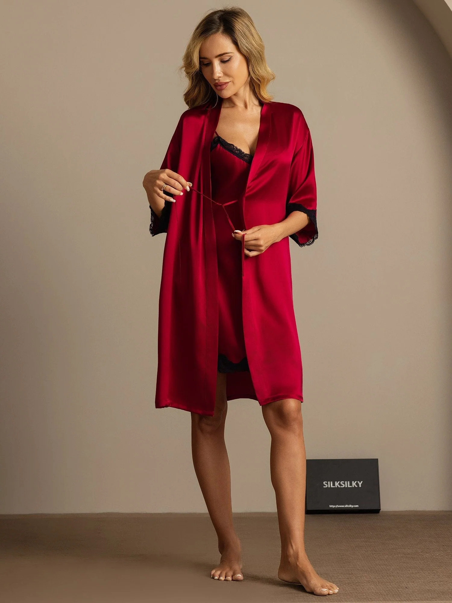 Pure Zijde Basis Kantafwerking Split Nachthemd & Robe Set 2 Stuks - Image 8