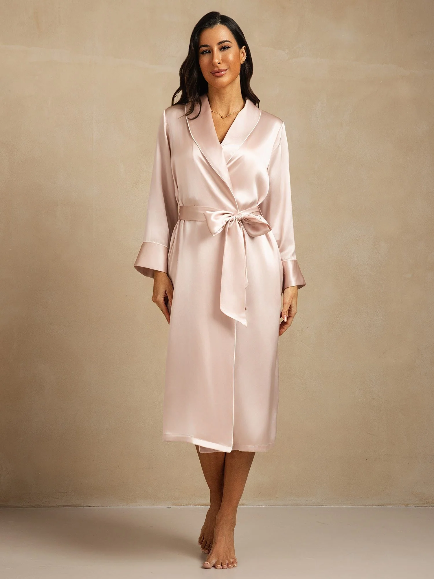 Pure Zijde Geknoopte Vrouwen Lange Revers Badjas met Pocket Ontwerp - Image 16