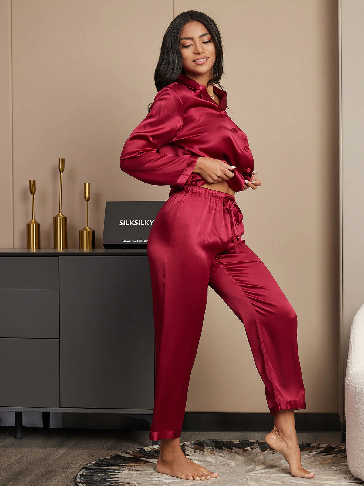 Zuivere Zijde Button Up Dames Pyjama Set - Image 41