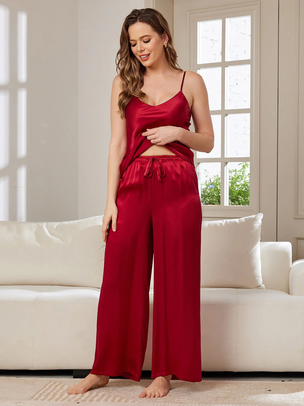 Pyjama set van pure zijde met cami en wijde pijpen broek - Image 43