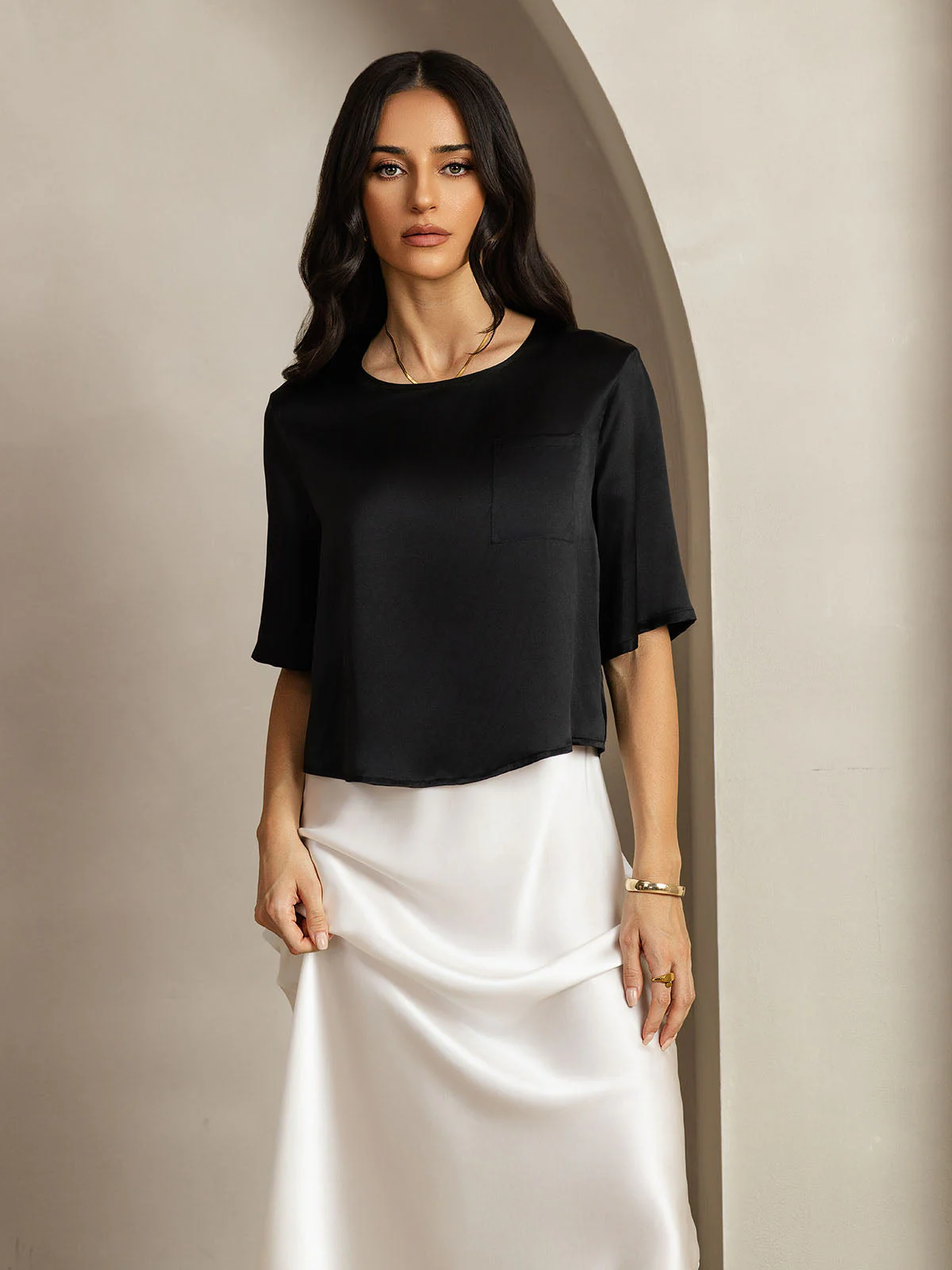 Zuivere Zijde Casual Halve Mouw Dames T-Shirt - Image 12