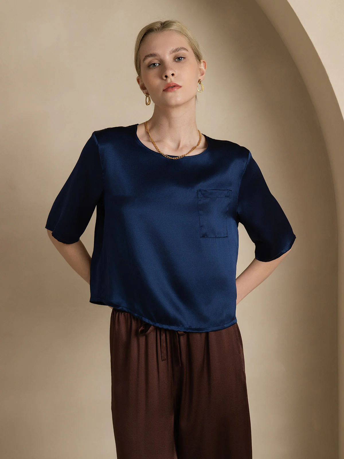 Zuivere Zijde Casual Halve Mouw Dames T-Shirt - Image 22