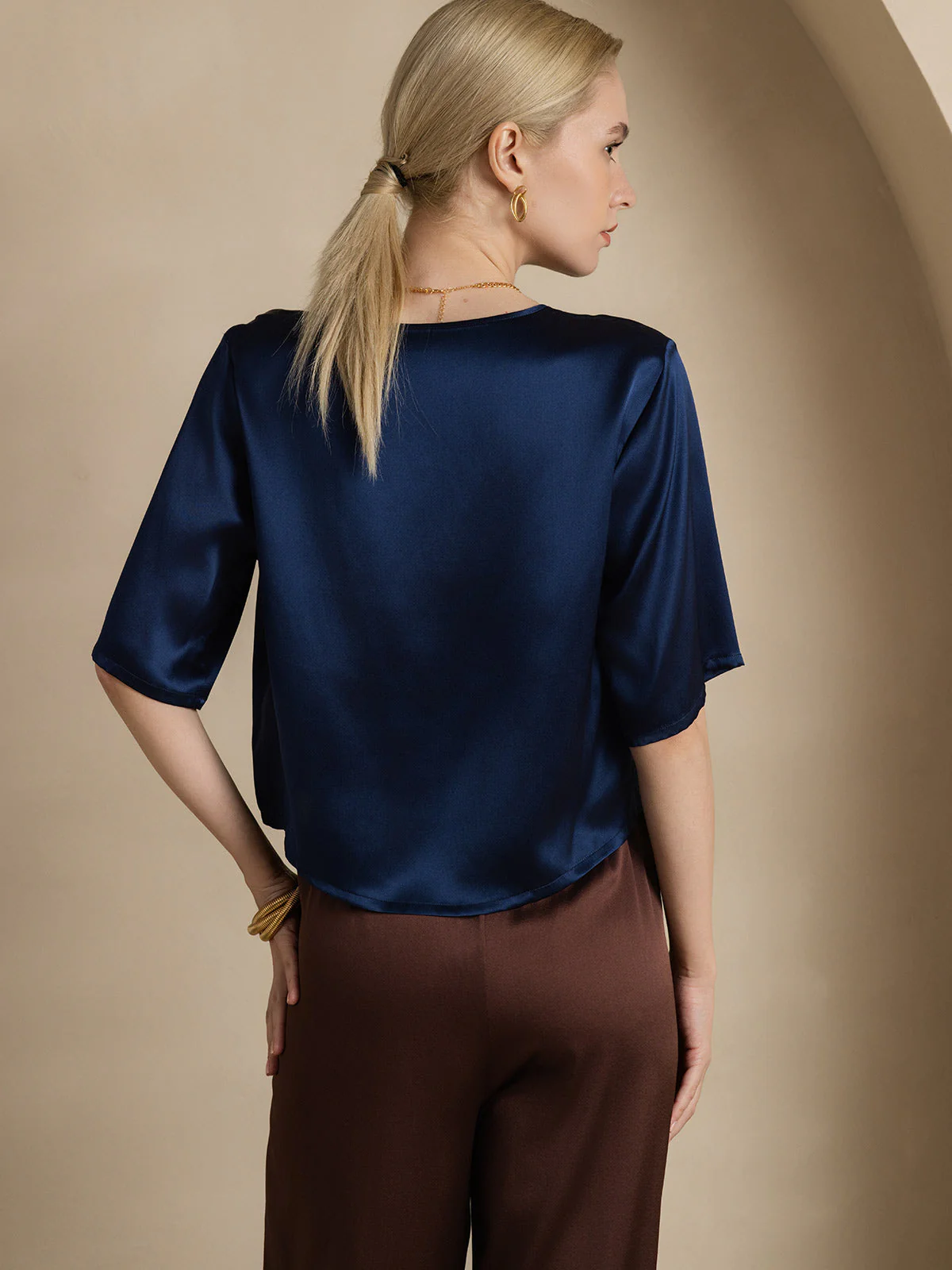 Zuivere Zijde Casual Halve Mouw Dames T-Shirt - Image 23
